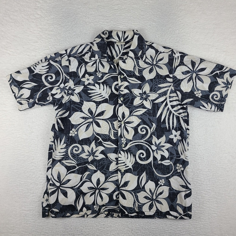 GO Barefoot Shirt Mens Medium Black White Floral Hawaiian Button Up USA MADE